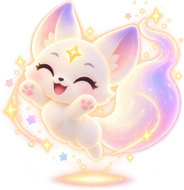 O Lumi, raposinha de luz do Delyra, sorrindo e flutuando
