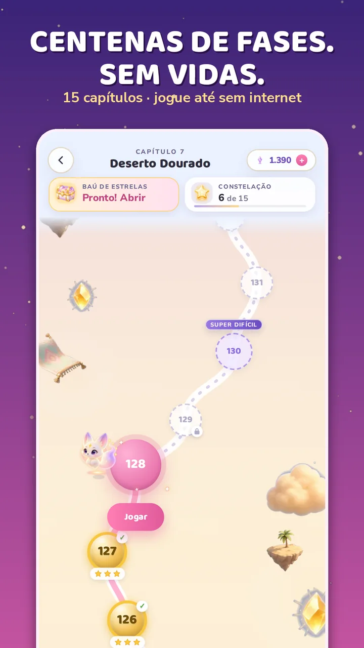 Centenas de fases, sem vidas: mapa do capítulo Deserto Dourado