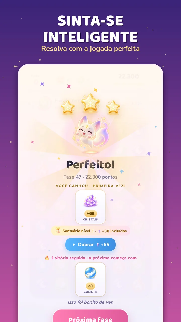 Sinta-se inteligente: tela de vitória com três estrelas e recompensas