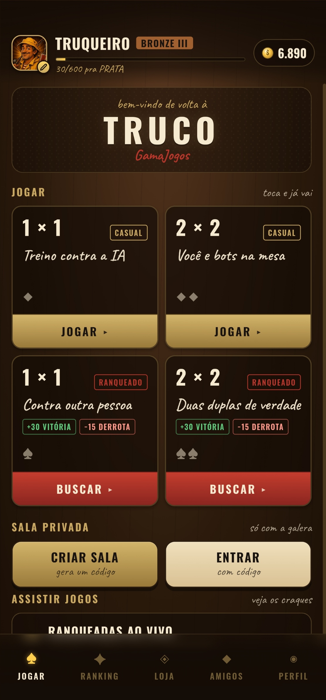 Tela inicial do Truco GamaJogos com os modos casual e ranqueado