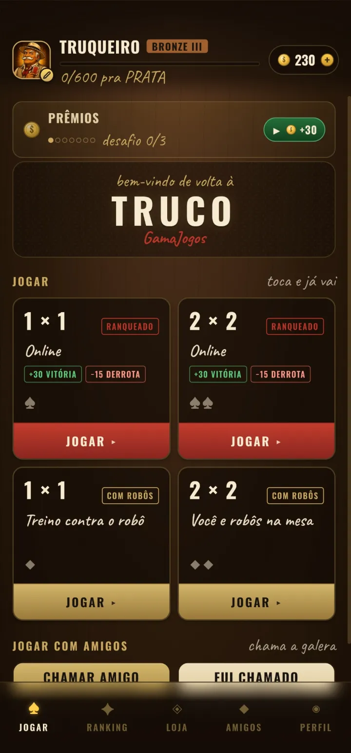 Tela inicial do Truco com os modos ranqueado e com robôs