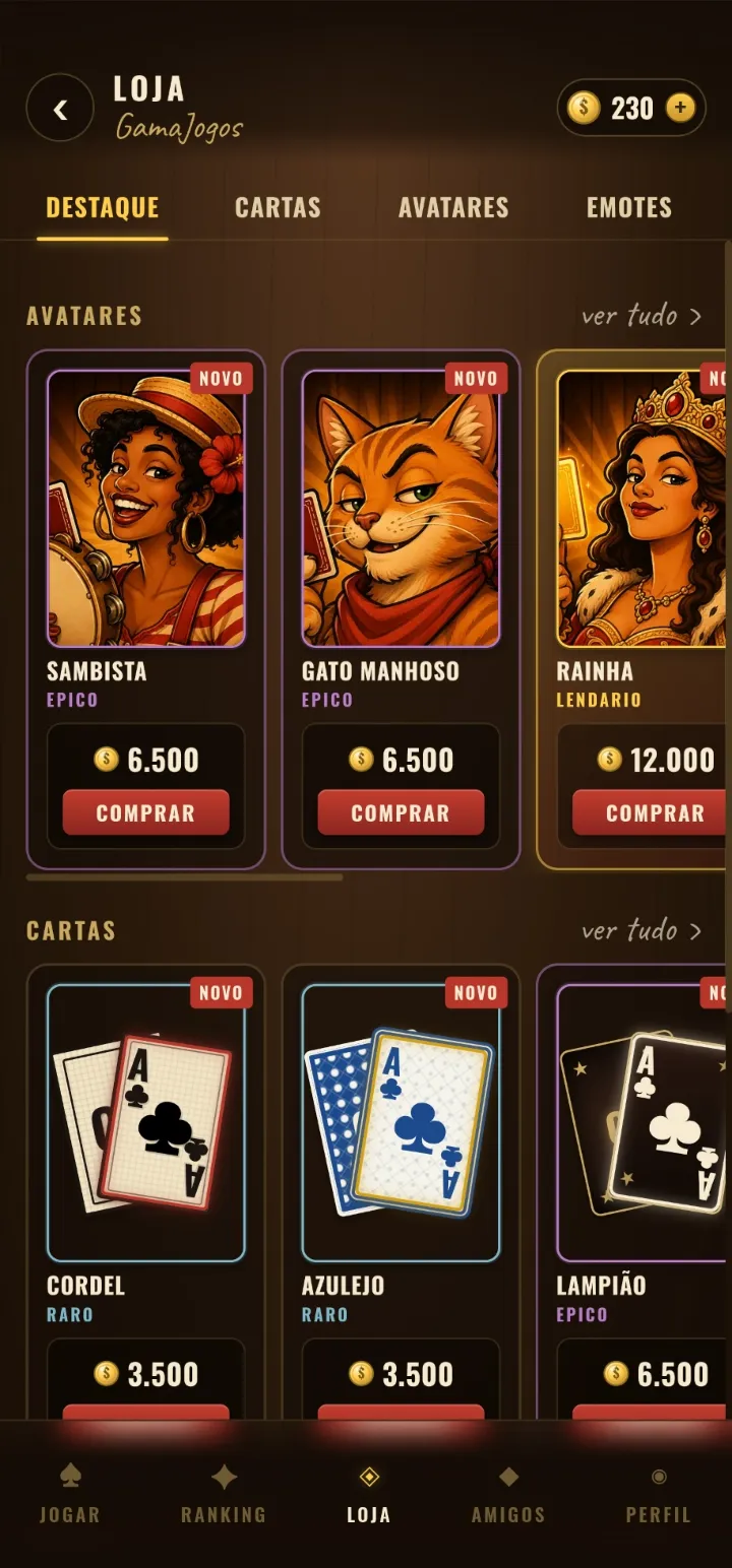 Loja com avatares e estilos de carta por raridade