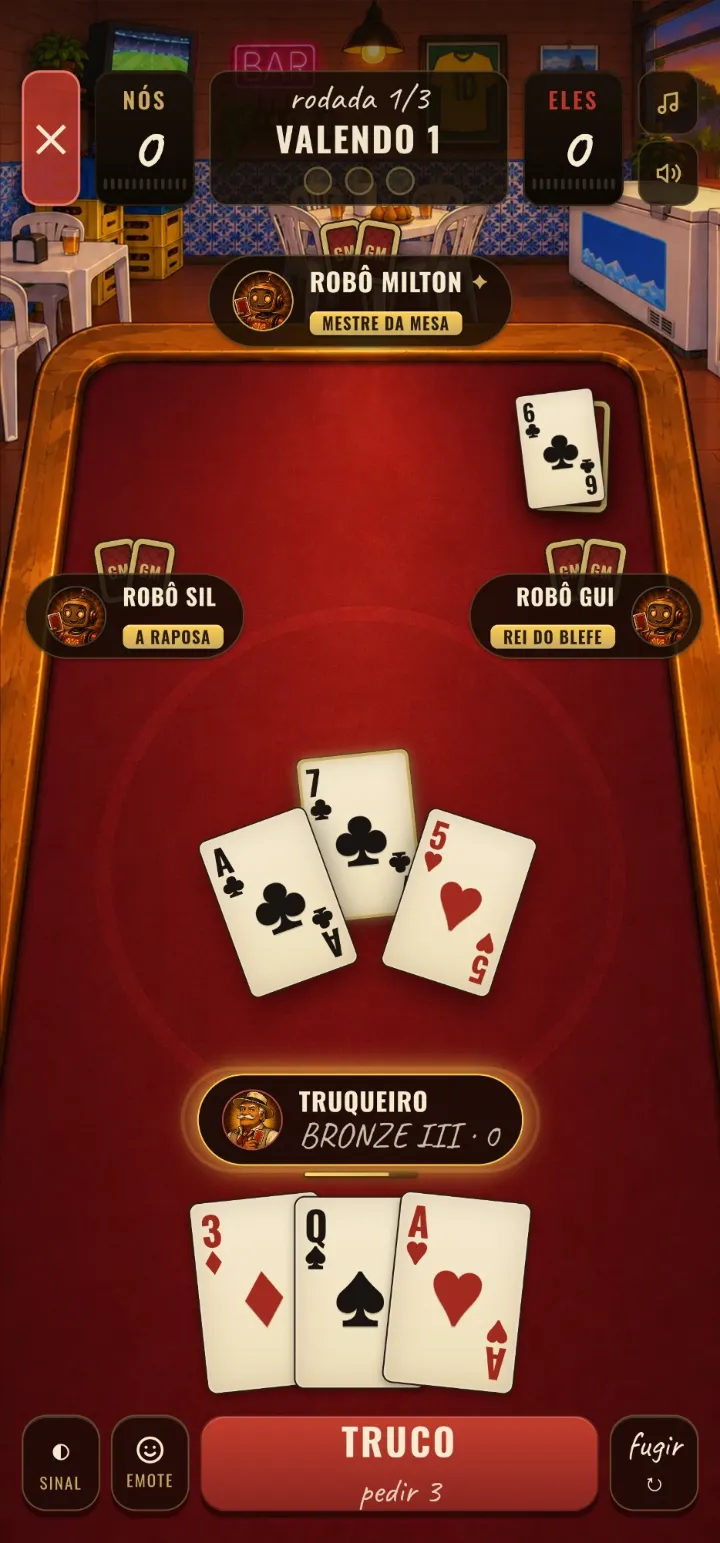 Partida de Truco da GamaJogos no celular: mesa 2x2, manilhas e botão de truco